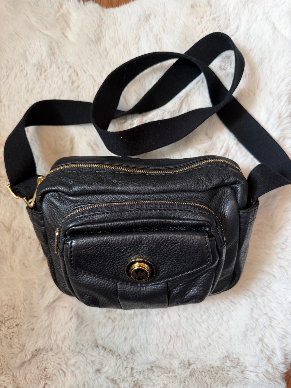 Michael Kors Black Pebbled Leather Crossbody Bag with Gold Hardware